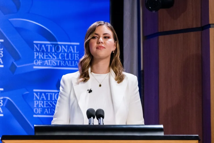 Former parliamentary staffer Brittany Higgins at the National Press Club in February 2021. CREDIT:JAMES BRICKWOOD