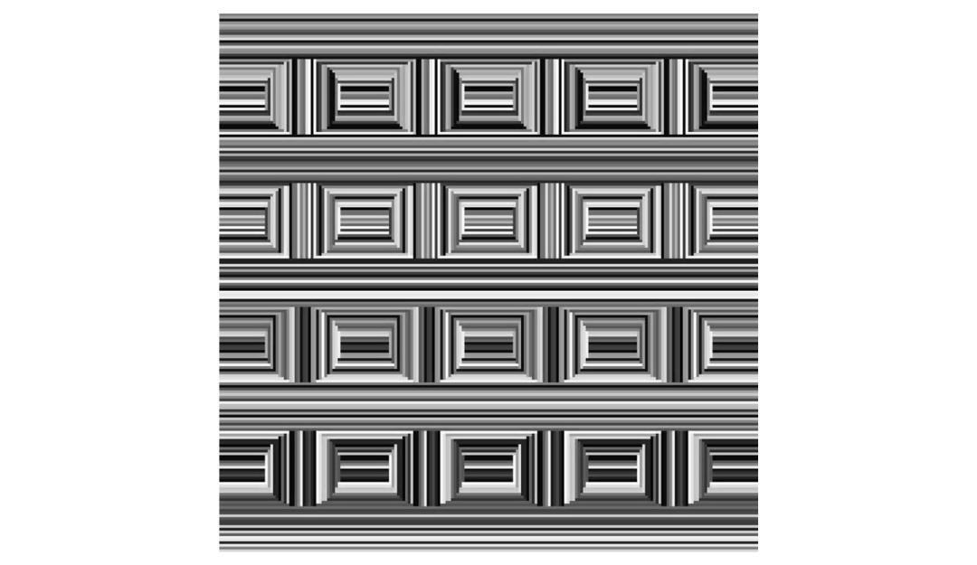Coffer illusion by Anthony Norcia - a black and white pixel based image of what appear to be rectangles, but the image also contains circles